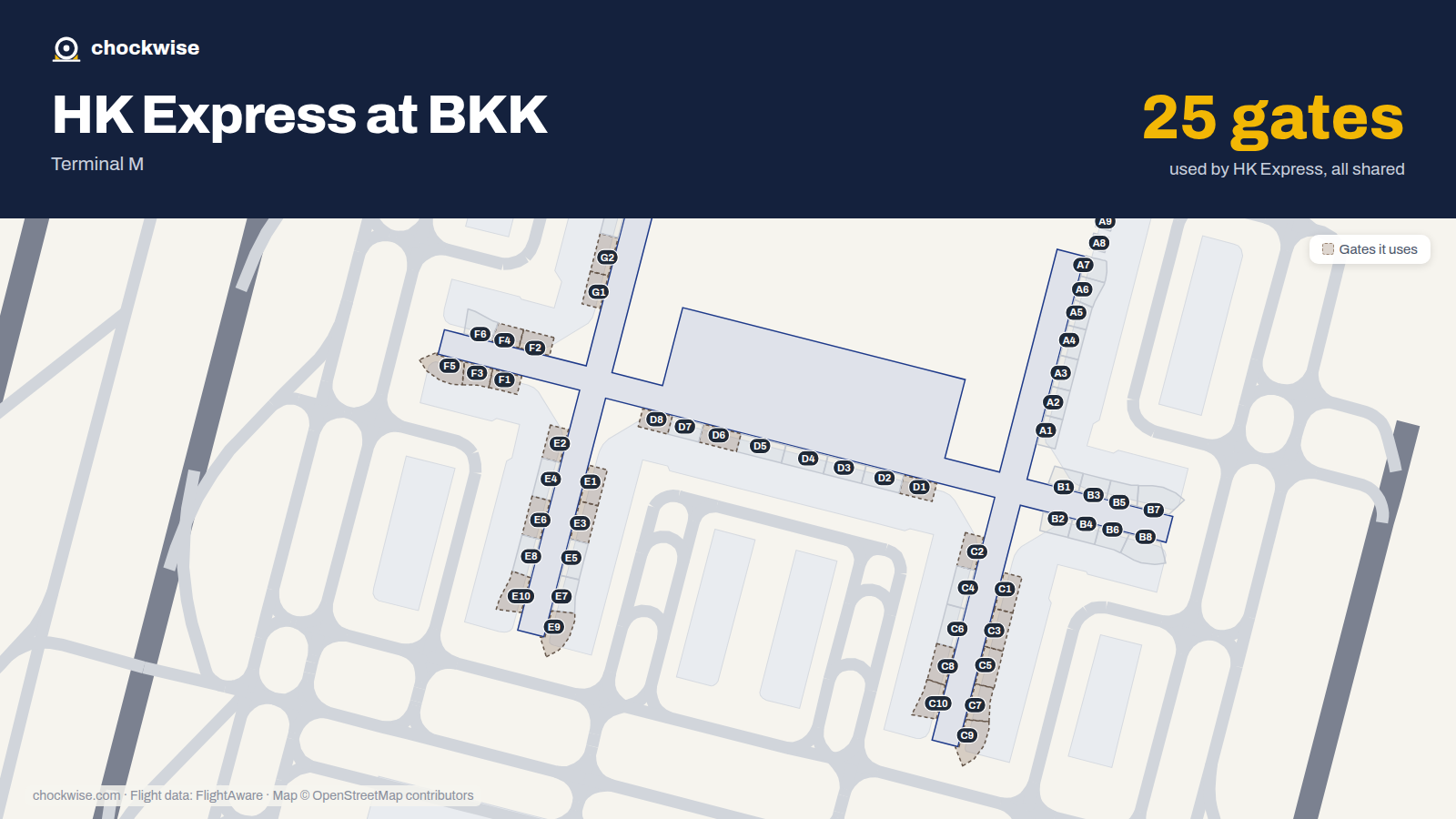 Map of BKK with the gates HK Express uses highlighted: C1, D1, E1, F1, G1, C2, E2, F2 and 17 more.