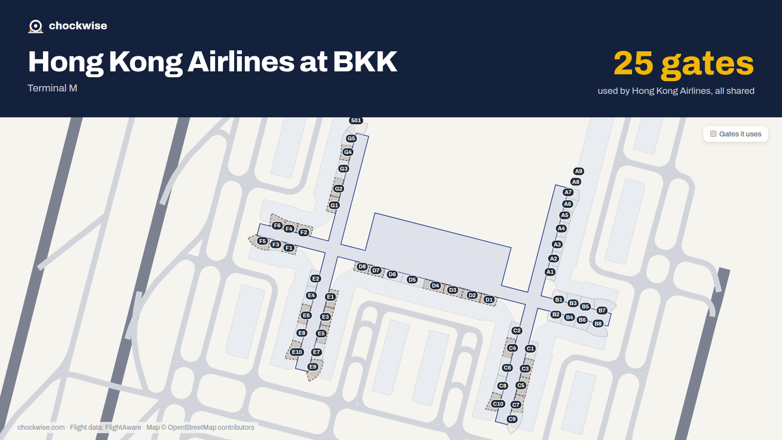 Map of BKK with the gates Hong Kong Airlines uses highlighted: D1, E1, F1, G1, D2, F2, G2, C3 and 17 more.
