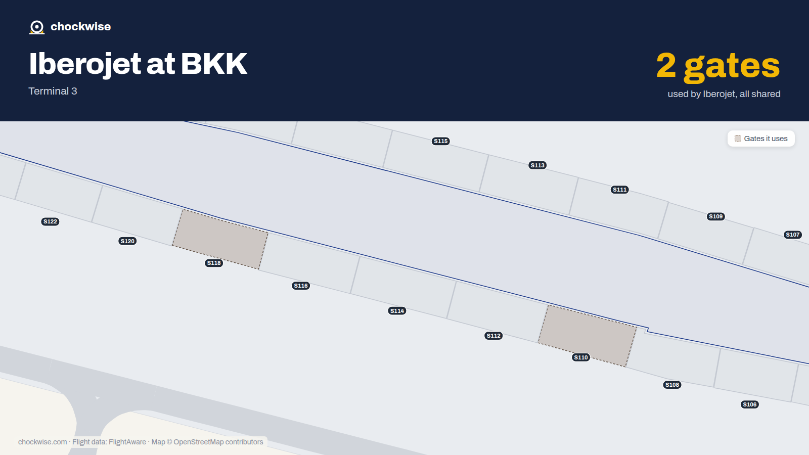 Map of BKK with the gates Iberojet uses highlighted: S110 and S118.