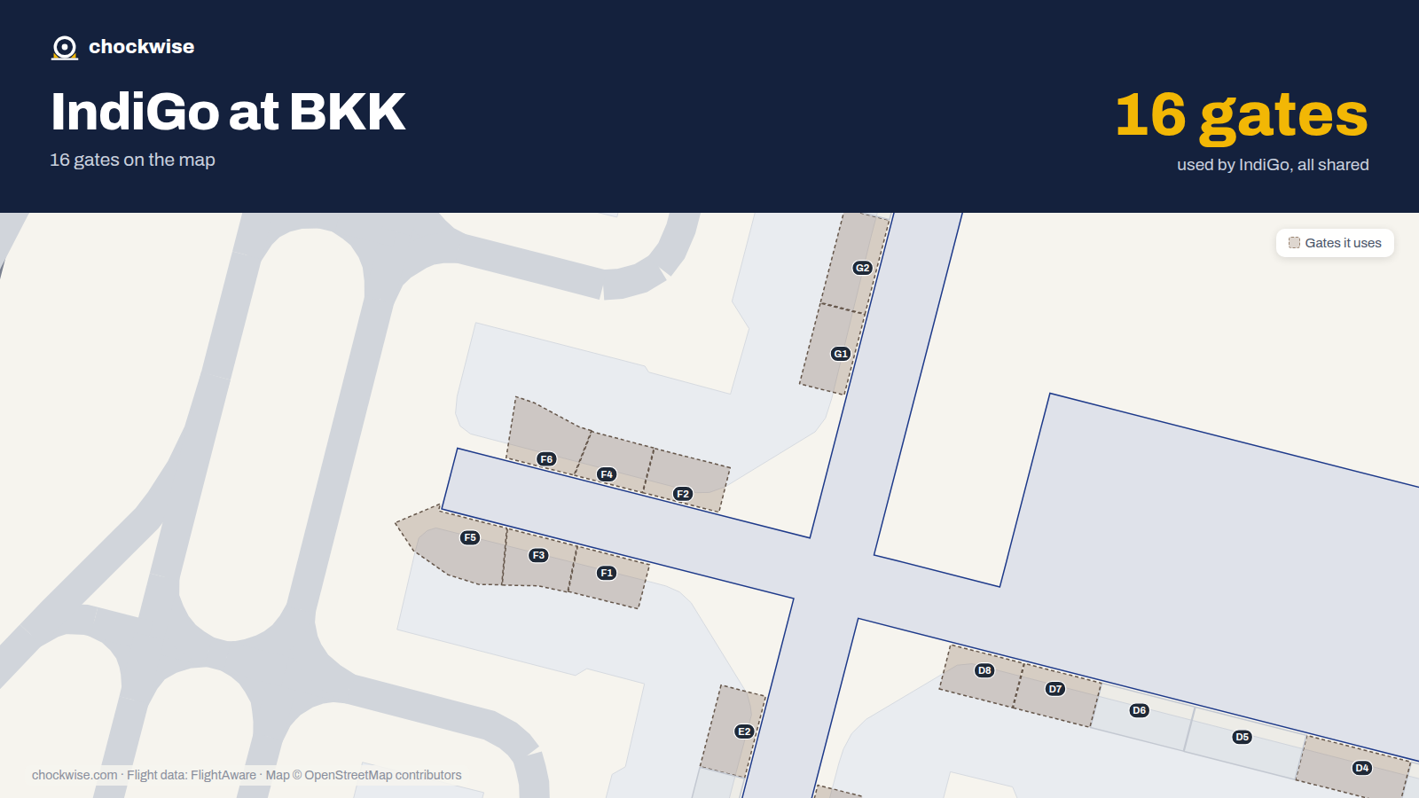 Map of BKK with the gates IndiGo uses highlighted: D1, E1, F1, G1, E2, F2, G2, F3 and 8 more.