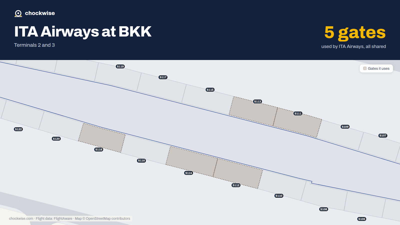 Map of BKK with the gates ITA Airways uses highlighted: S111, S112, S113, S114 and S118.