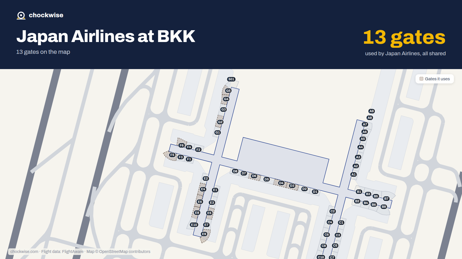 Map of BKK with the gates Japan Airlines uses highlighted: G2, D3, D4, E4, G4, E5, F5, G5 and 5 more.