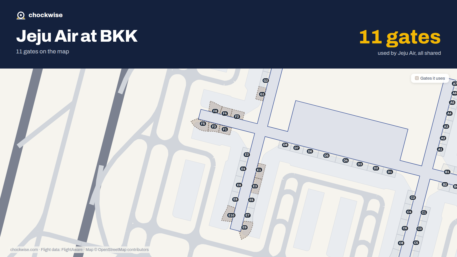 Map of BKK with the gates Jeju Air uses highlighted: E1, F1, G1, F2, E3, F3, F4, F5 and 3 more.