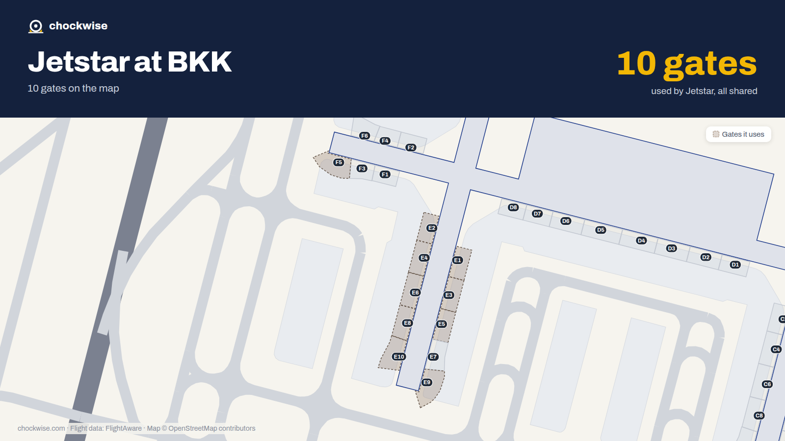 Map of BKK with the gates Jetstar uses highlighted: E1, E2, E3, E4, E5, F5, E6, E8 and 2 more.