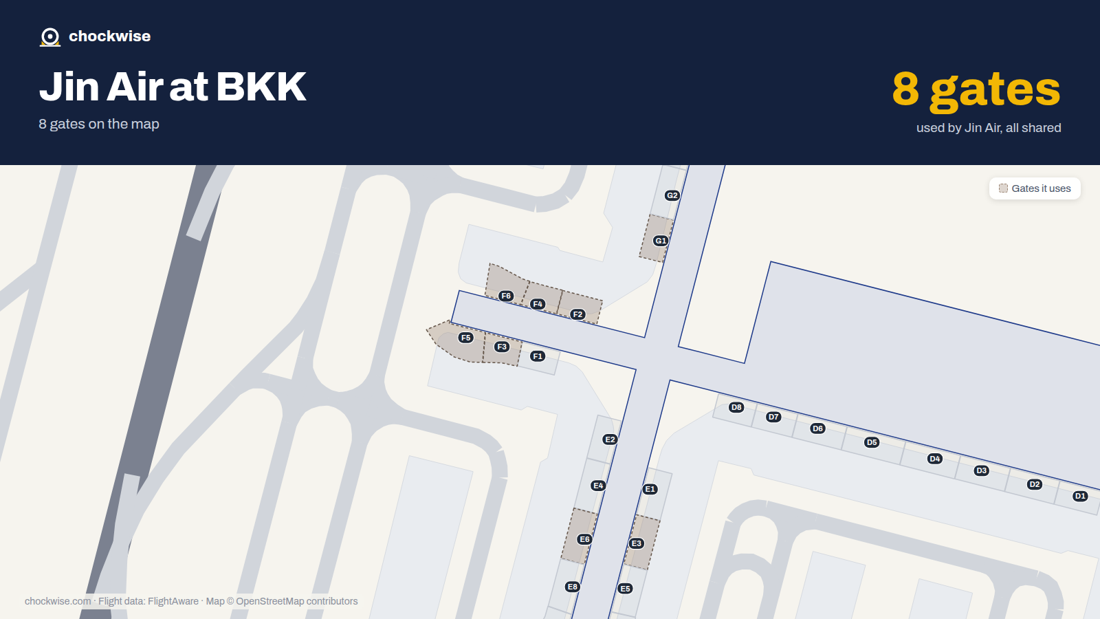 Map of BKK with the gates Jin Air uses highlighted: G1, F2, E3, F3, F4, F5, E6 and F6.