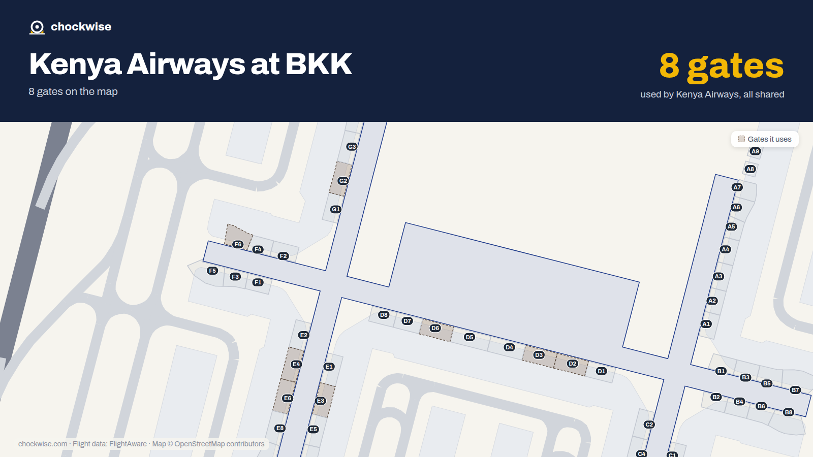 Map of BKK with the gates Kenya Airways uses highlighted: D2, G2, D3, E3, E4, D6, E6 and F6.