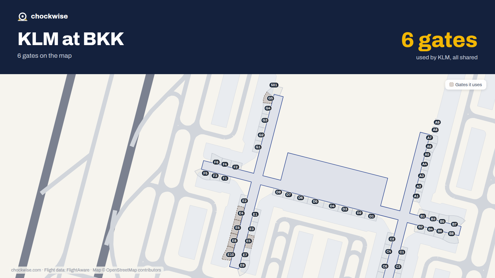 Map of BKK with the gates KLM uses highlighted: E4, E5, G5, E6, E8 and E10.