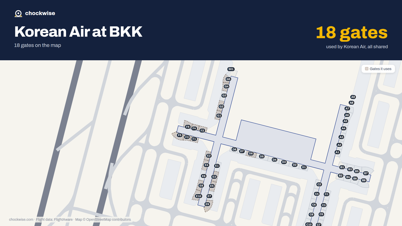 Map of BKK with the gates Korean Air uses highlighted: F1, G1, E2, F2, G2, E3, F3, E4 and 10 more.