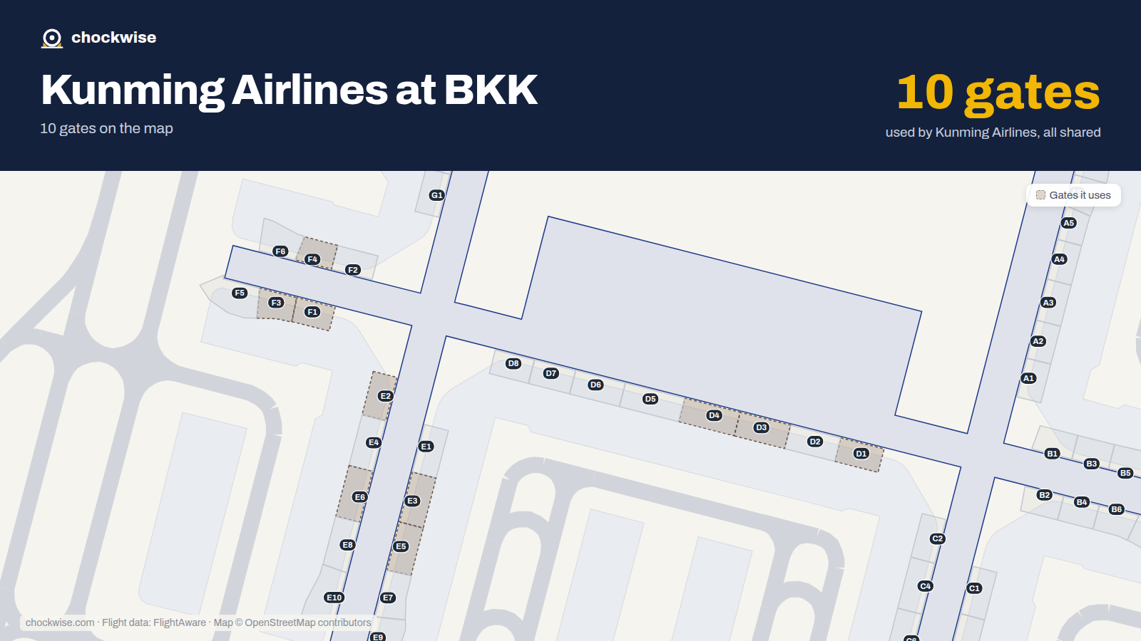 Map of BKK with the gates Kunming Airlines uses highlighted: D1, F1, E2, D3, E3, F3, D4, F4 and 2 more.