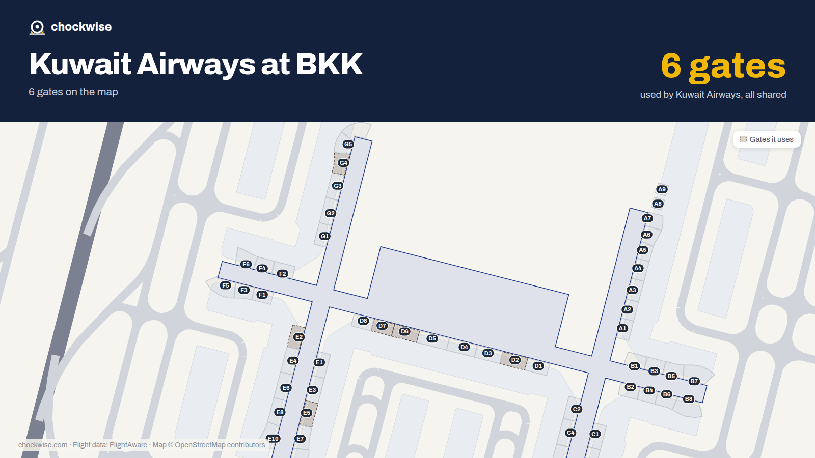 Map of BKK with the gates Kuwait Airways uses highlighted: D2, E2, G4, E5, D6 and D7.