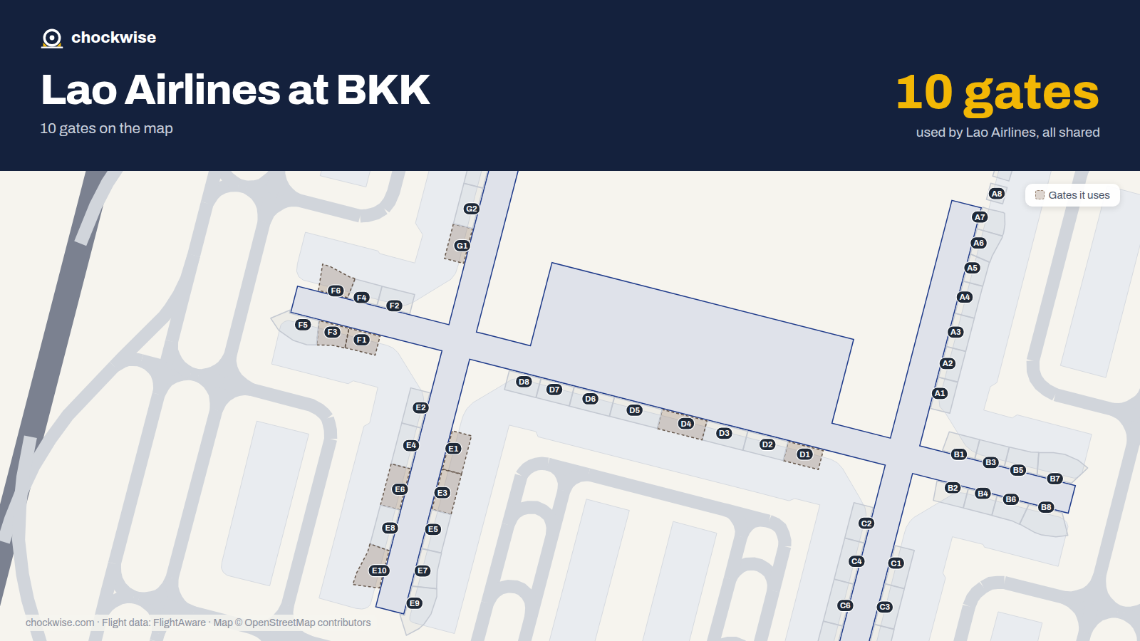 Map of BKK with the gates Lao Airlines uses highlighted: D1, E1, F1, G1, E3, F3, D4, E6 and 2 more.