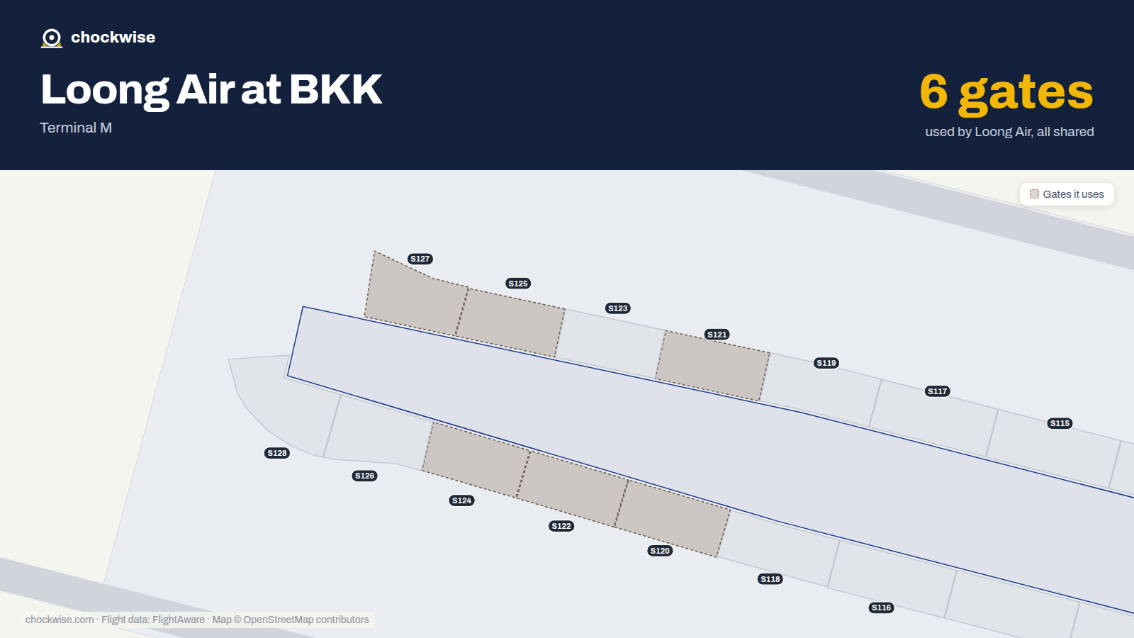 Map of BKK with the gates Loong Air uses highlighted: S120, S121, S122, S124, S125 and S127.