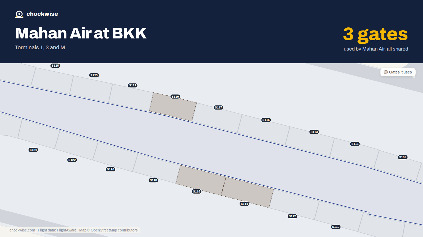 Map of BKK with the gates Mahan Air uses highlighted: S114, S116 and S119.