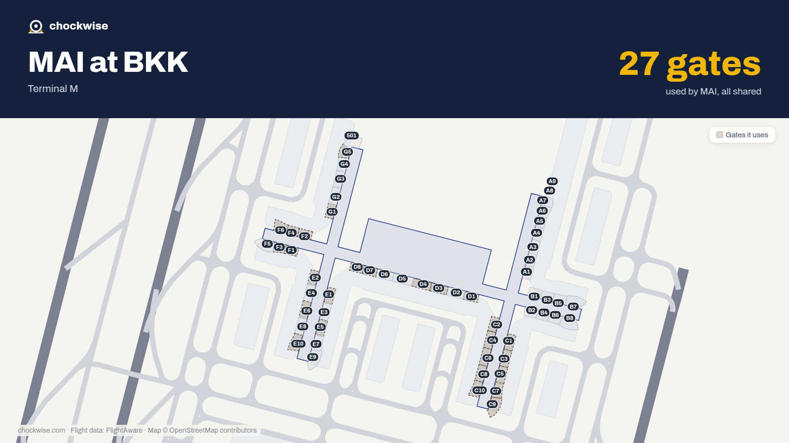 Map of BKK with the gates Myanmar Airways International uses highlighted: C1, D1, E1, F1, G1, C2, E2, F2 and 19 more.