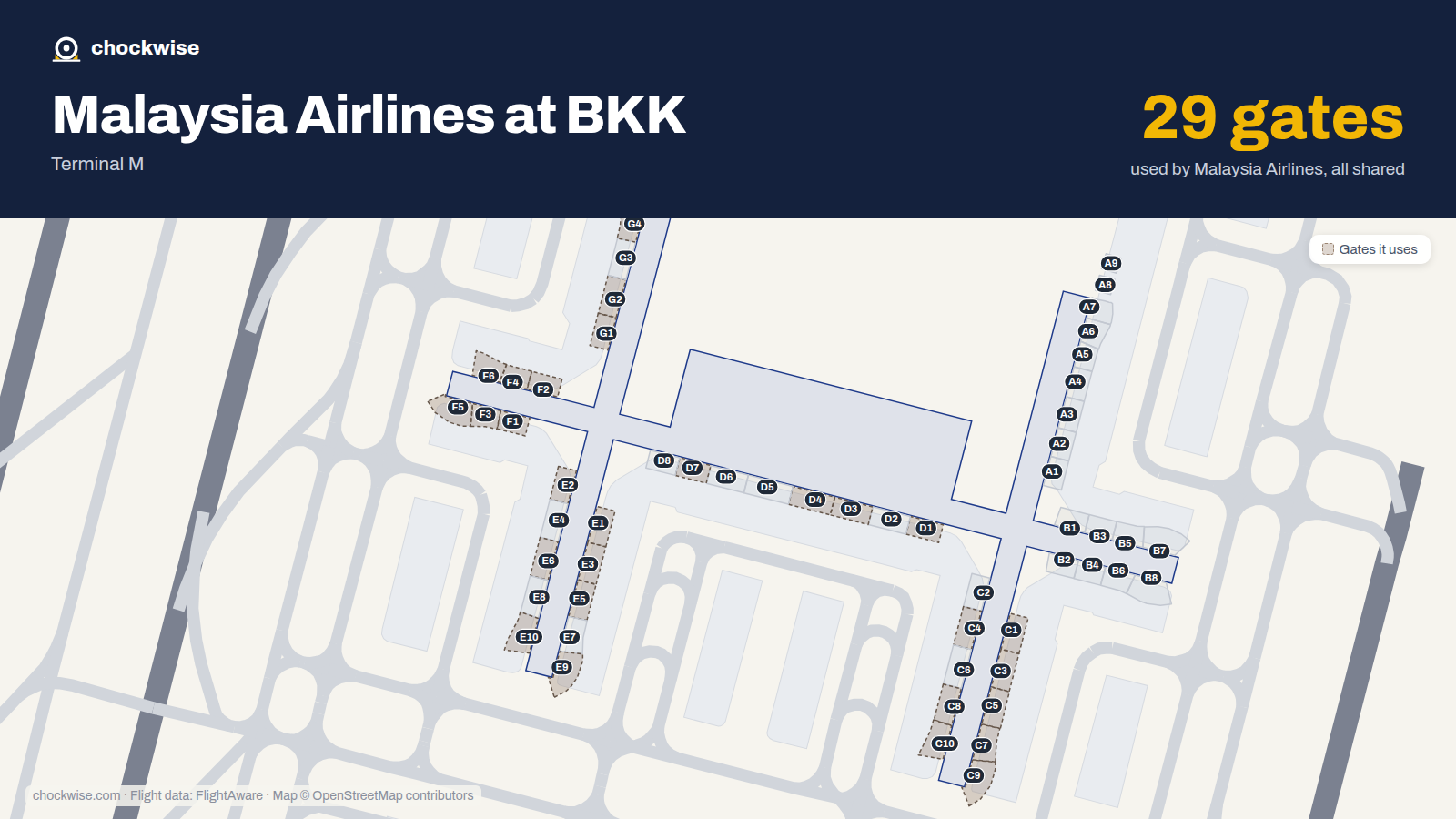 Map of BKK with the gates Malaysia Airlines uses highlighted: C1, D1, E1, F1, G1, E2, F2, G2 and 21 more.