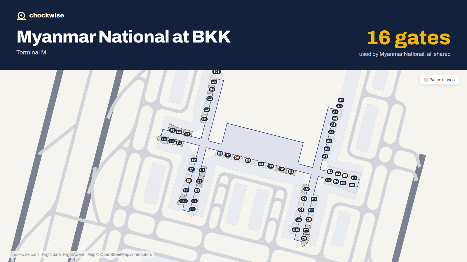 Map of BKK with the gates Myanmar National Airlines uses highlighted: D1, E1, F1, G1, C2, D2, F2, E3 and 8 more.