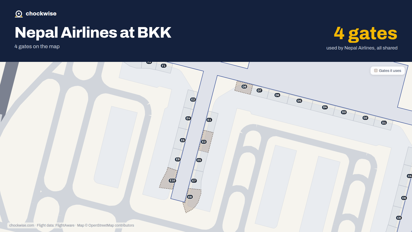 Map of BKK with the gates Nepal Airlines uses highlighted: E3, D8, E9 and E10.