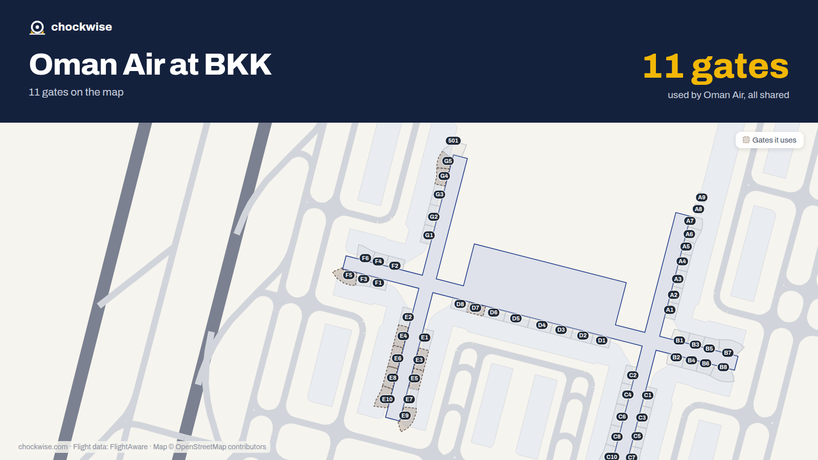 Map of BKK with the gates Oman Air uses highlighted: E3, E4, G4, E5, F5, G5, E6, D7 and 3 more.