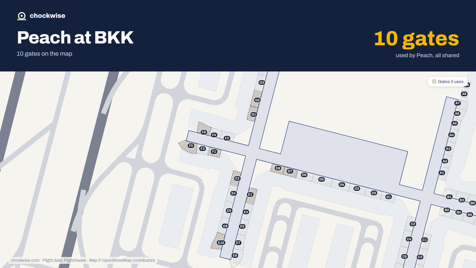 Map of BKK with the gates Peach Aviation uses highlighted: E1, F1, G1, E2, G2, F5, F6, D7 and 2 more.