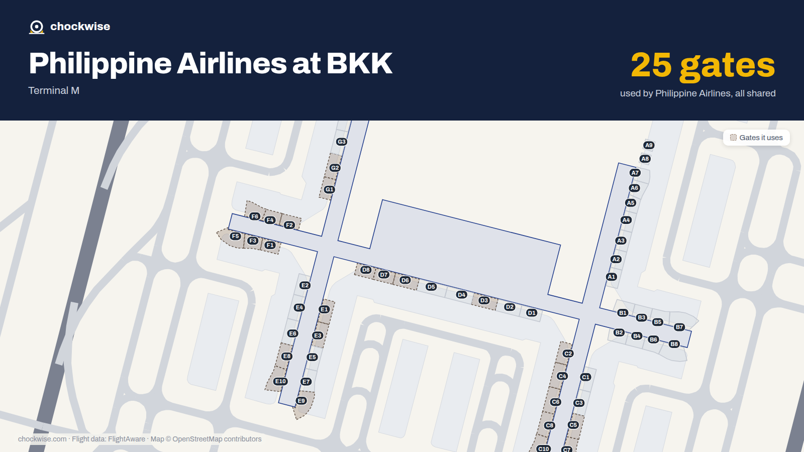 Map of BKK with the gates Philippine Airlines uses highlighted: E1, F1, G1, C2, F2, G2, D3, E3 and 17 more.