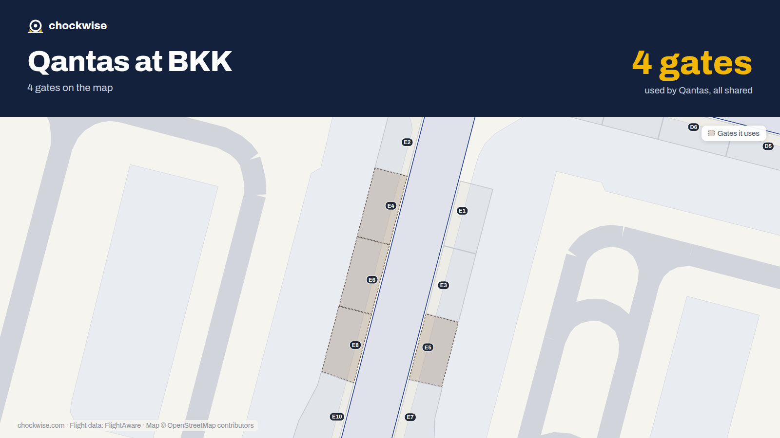 Map of BKK with the gates Qantas uses highlighted: E4, E5, E6 and E8.