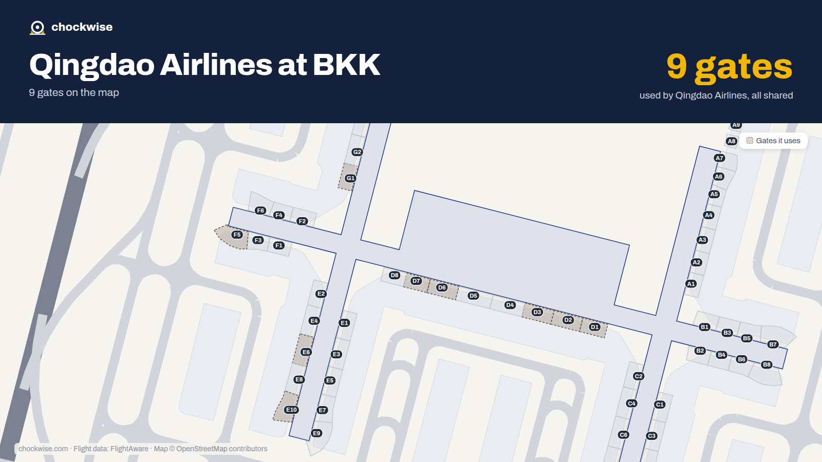Map of BKK with the gates Qingdao Airlines uses highlighted: D1, G1, D2, D3, F5, D6, E6, D7 and 1 more.