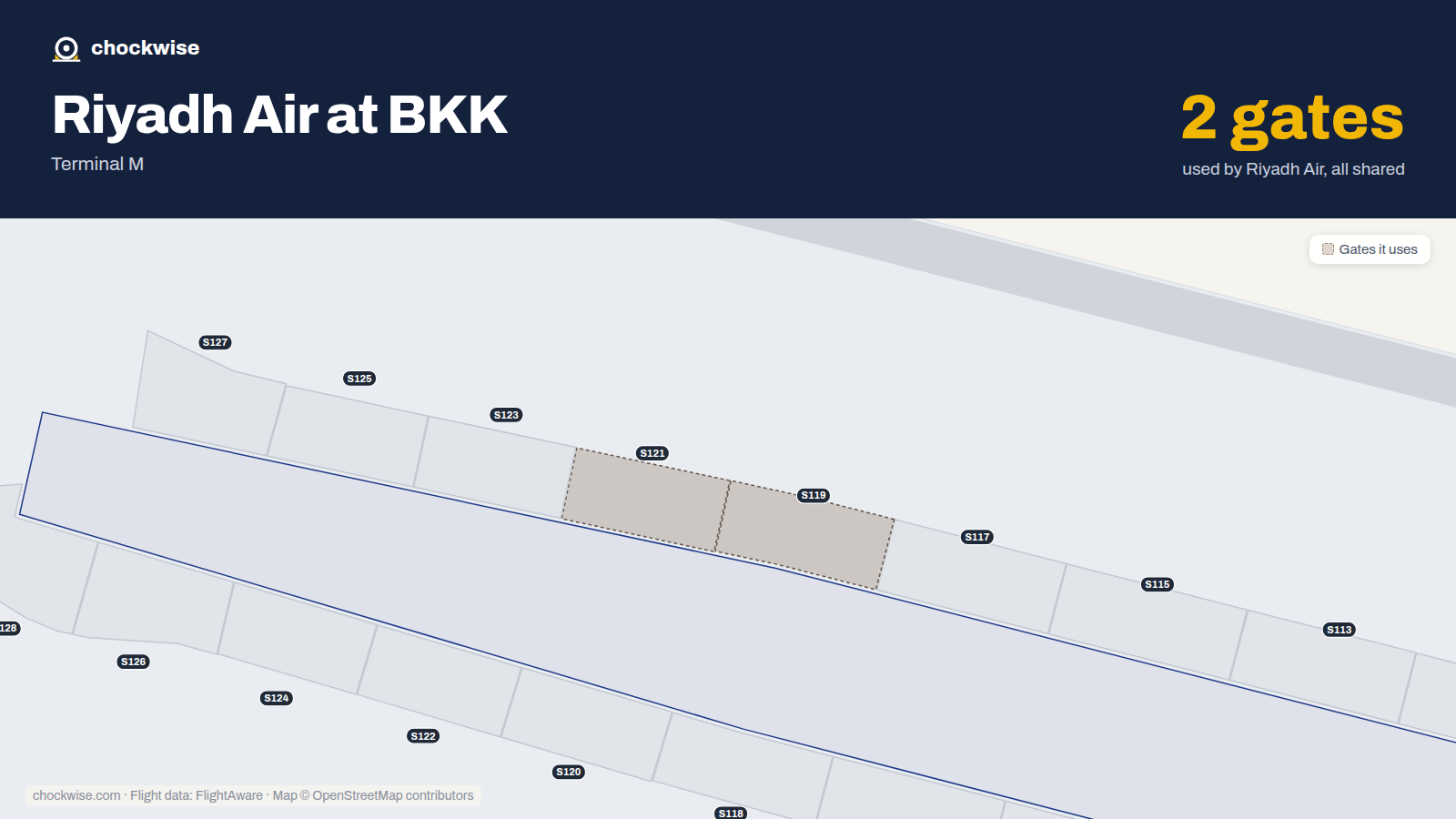Map of BKK with the gates Riyadh Air uses highlighted: S119 and S121.