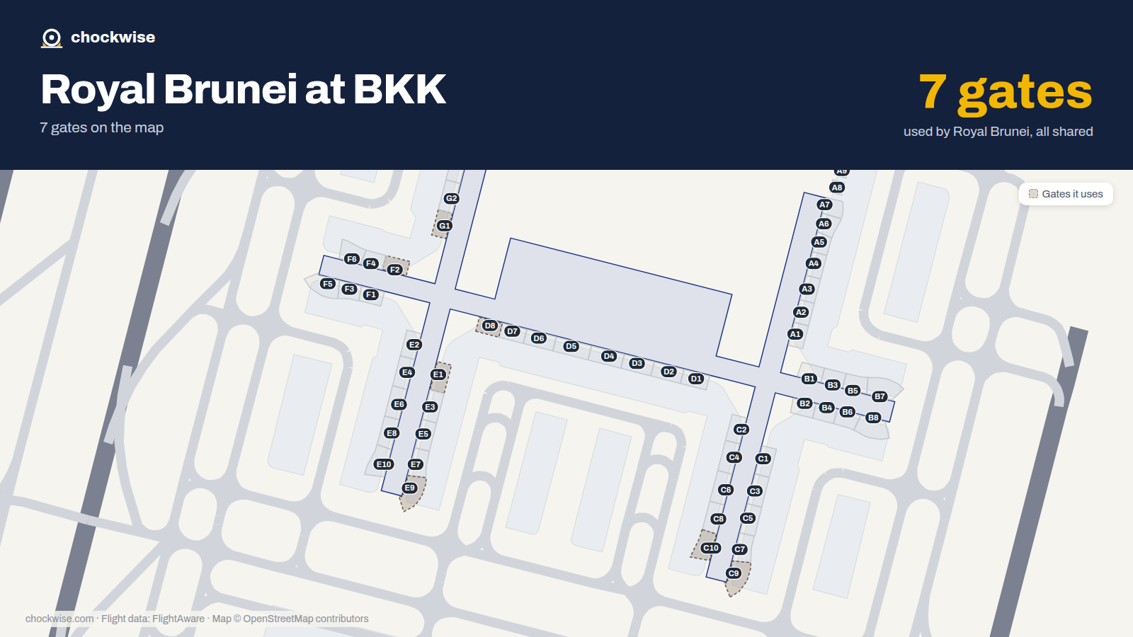 Map of BKK with the gates Royal Brunei Airlines uses highlighted: E1, G1, F2, D8, C9, E9 and C10.