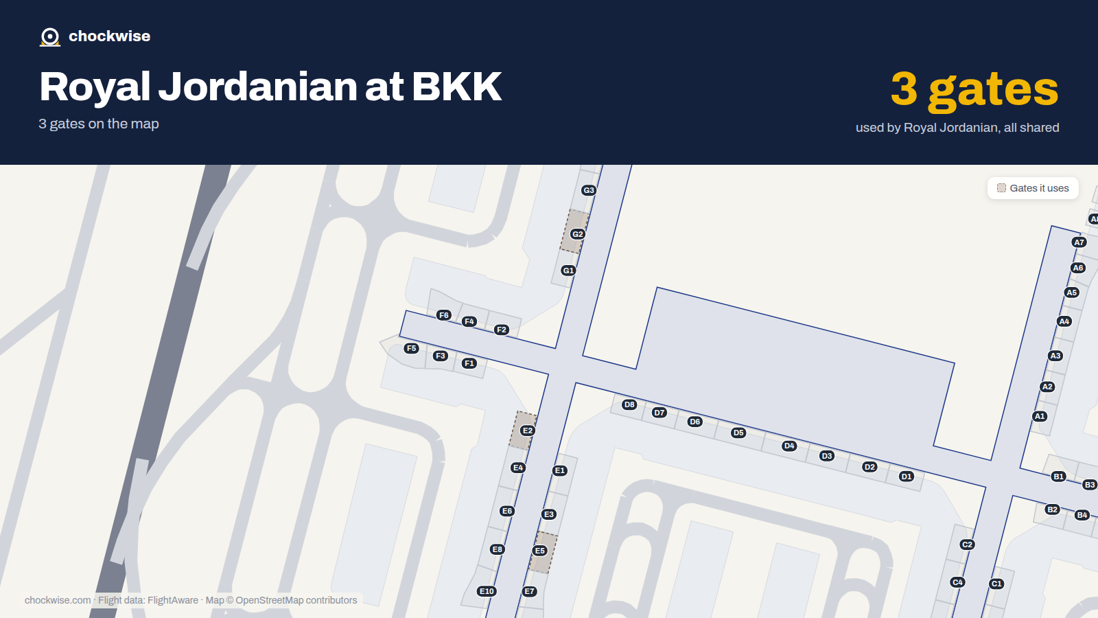 Map of BKK with the gates Royal Jordanian uses highlighted: E2, G2 and E5.