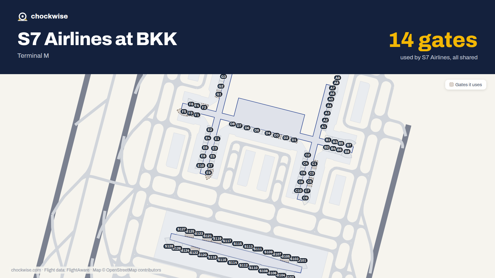 Map of BKK with the gates S7 Airlines uses highlighted: C1, D1, G1, F2, D3, F3, C5, F5 and 6 more.