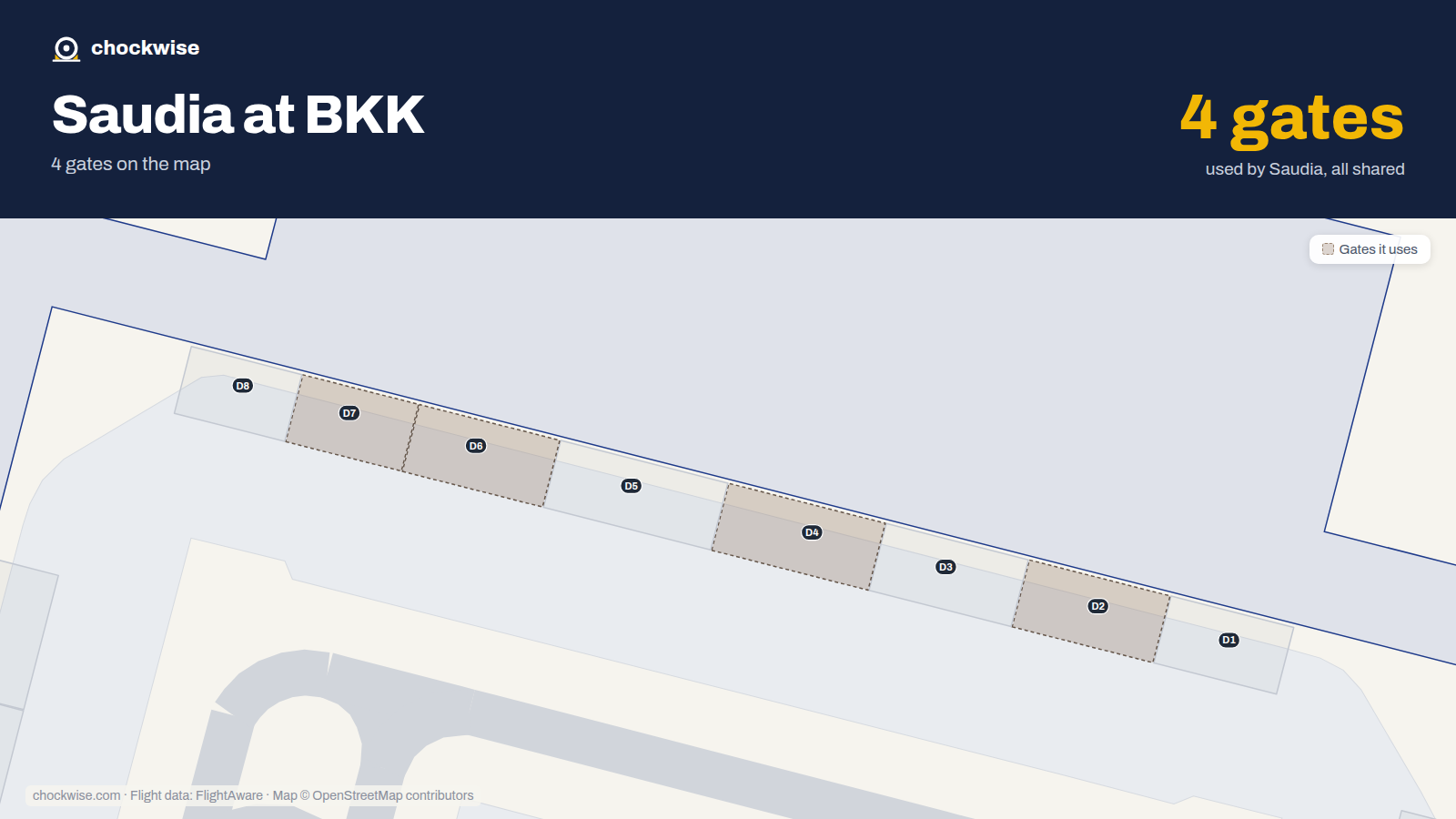 Map of BKK with the gates Saudia uses highlighted: D2, D4, D6 and D7.