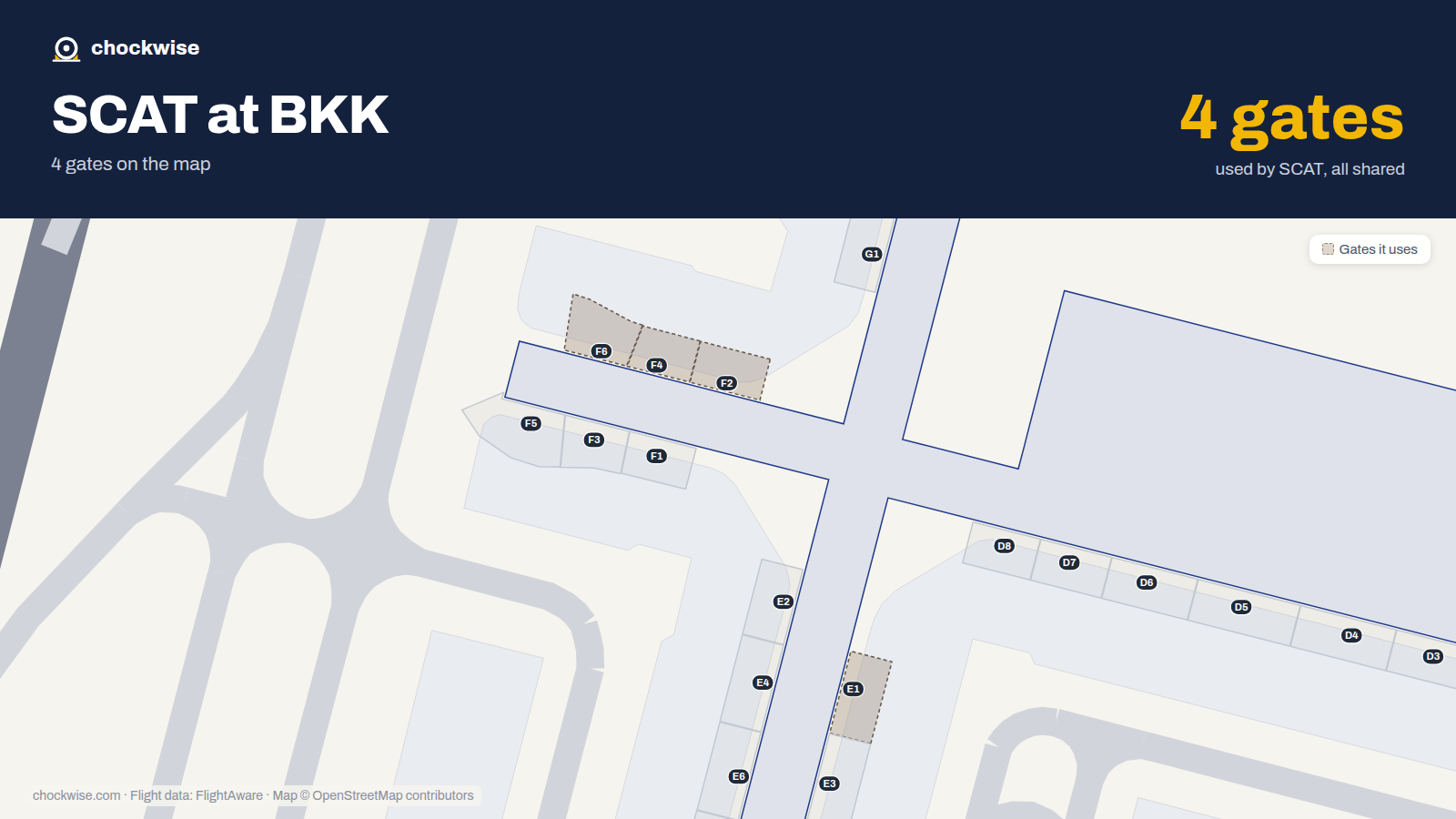 Map of BKK with the gates SCAT Airlines uses highlighted: E1, F2, F4 and F6.