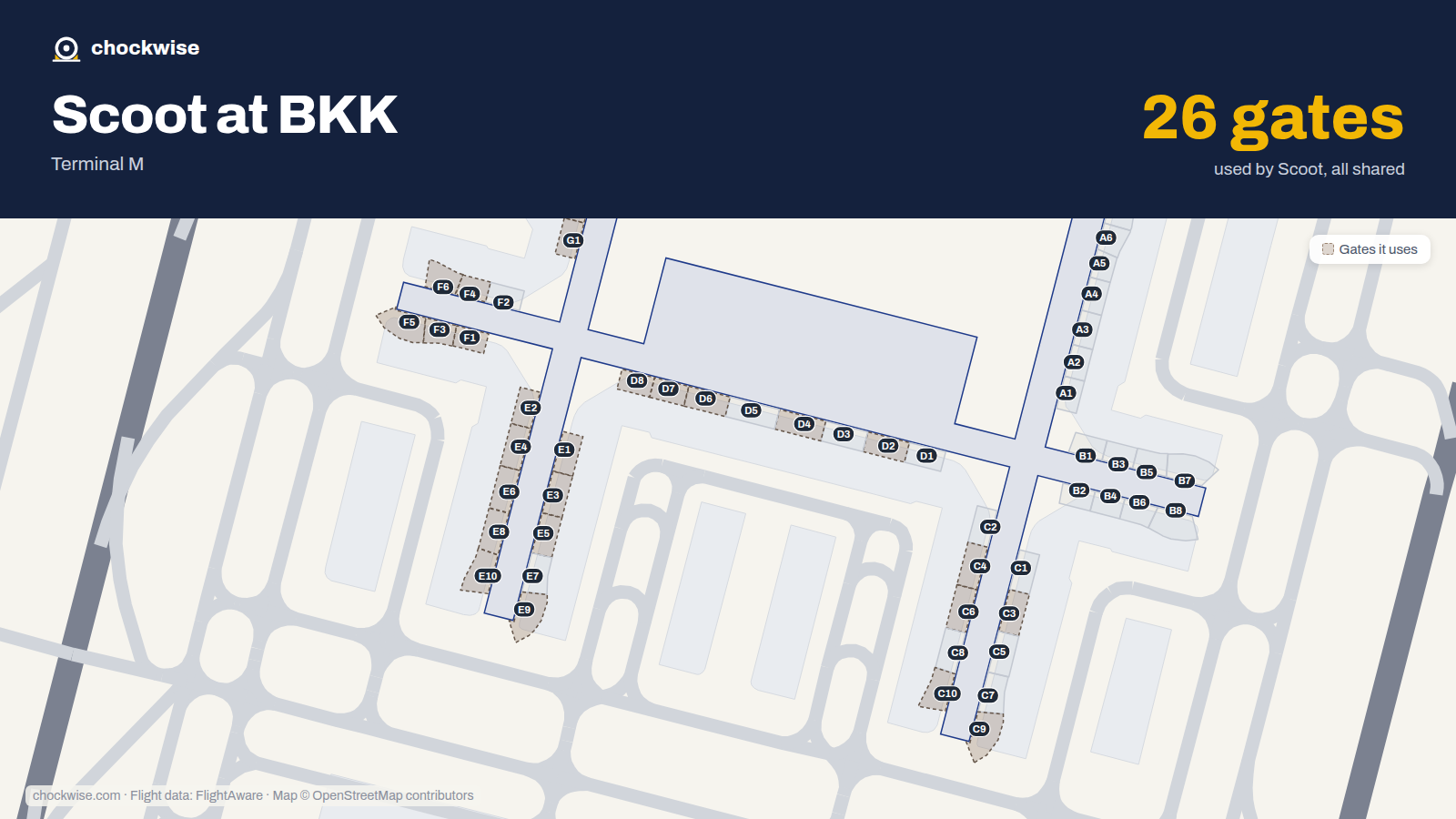 Map of BKK with the gates Scoot uses highlighted: E1, F1, G1, D2, E2, G2, C3, E3 and 18 more.