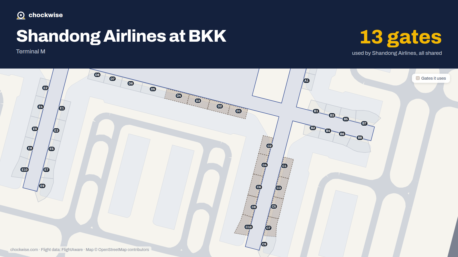 Map of BKK with the gates Shandong Airlines uses highlighted: C1, D1, C2, D2, C3, D3, C4, D4 and 5 more.