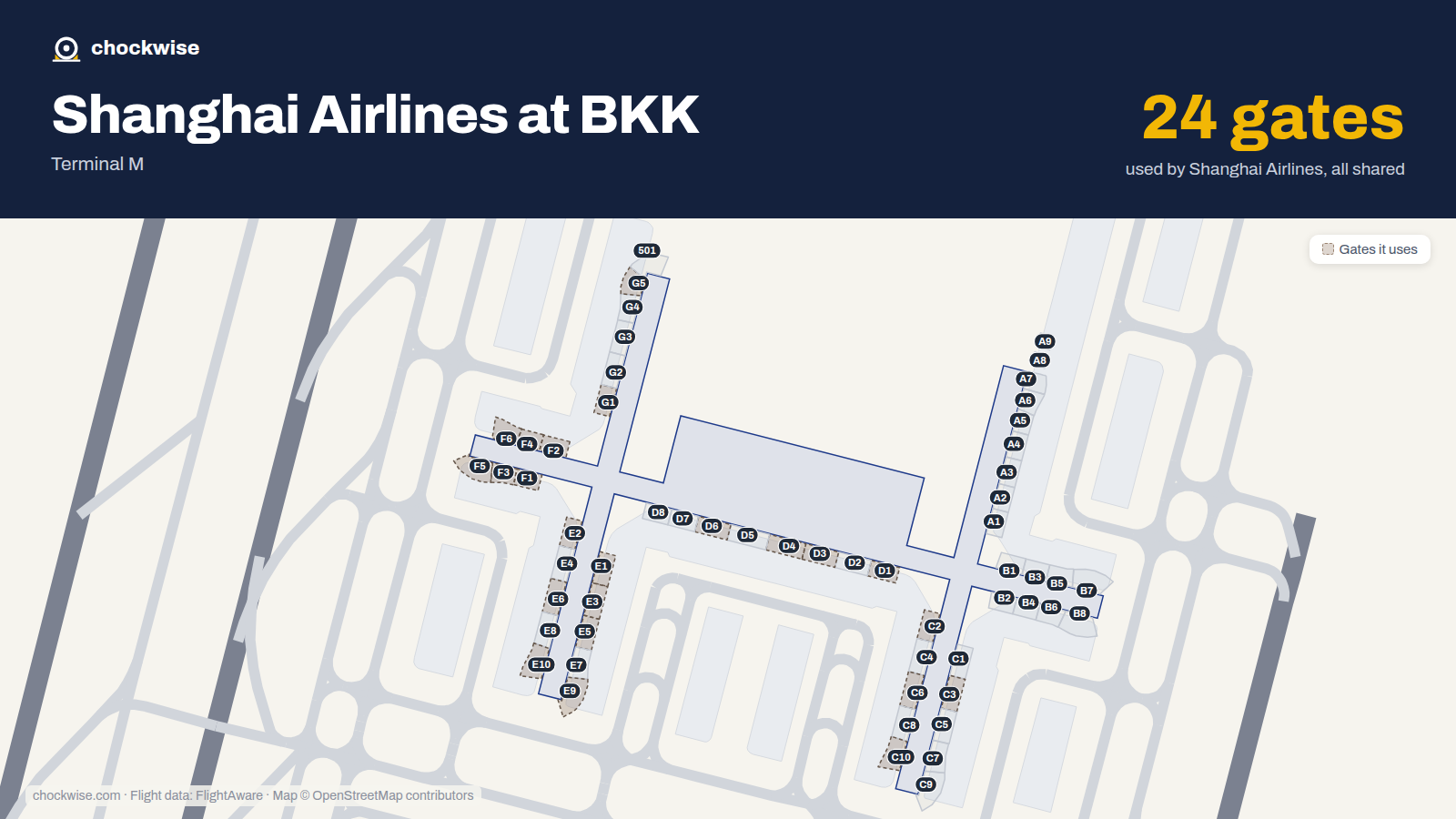 Map of BKK with the gates Shanghai Airlines uses highlighted: D1, E1, F1, G1, C2, E2, F2, C3 and 16 more.