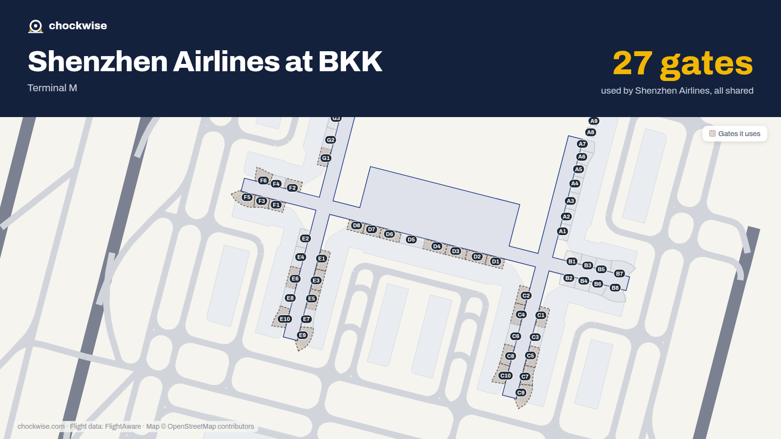 Map of BKK with the gates Shenzhen Airlines uses highlighted: C1, D1, E1, F1, G1, C2, D2, F2 and 19 more.