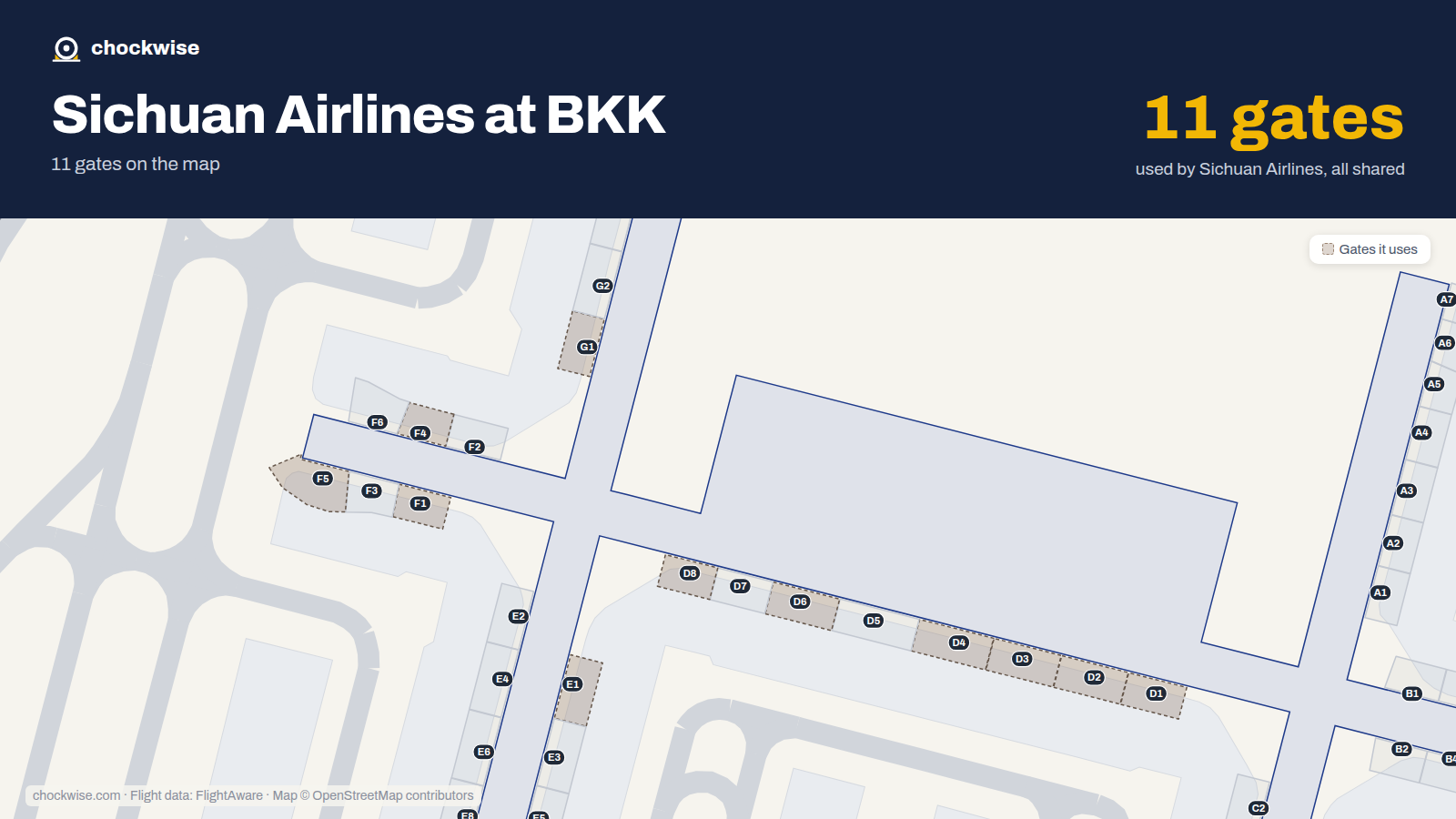 Map of BKK with the gates Sichuan Airlines uses highlighted: D1, E1, F1, G1, D2, D3, D4, F4 and 3 more.