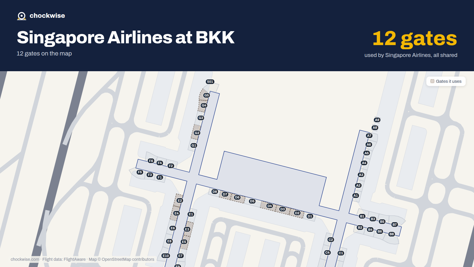 Map of BKK with the gates Singapore Airlines uses highlighted: D2, E2, G2, D3, E3, D4, E4, G4 and 4 more.
