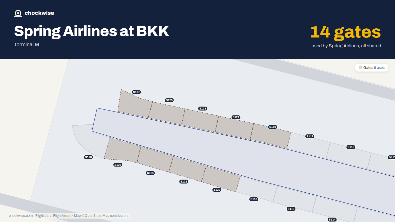 Map of BKK with the gates Spring Airlines uses highlighted: S105, S107, S108, S109, S110, S119, S120, S121 and 6 more.