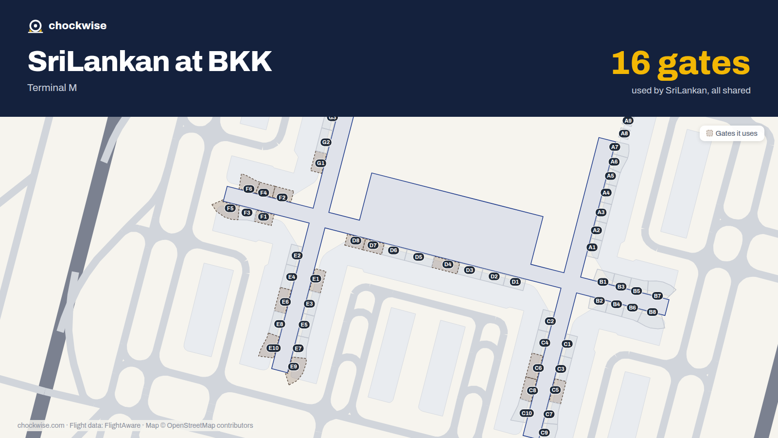 Map of BKK with the gates SriLankan Airlines uses highlighted: E1, F1, G1, F2, D4, F4, C5, F5 and 8 more.