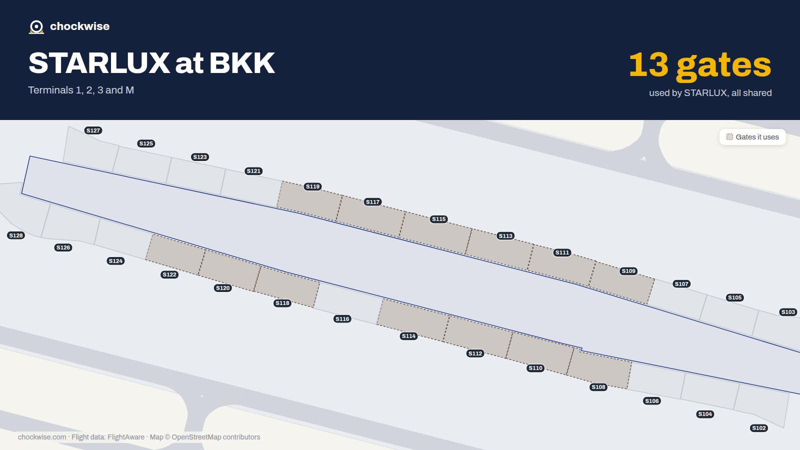 Map of BKK with the gates STARLUX Airlines uses highlighted: S108, S109, S110, S111, S112, S113, S114, S115 and 5 more.