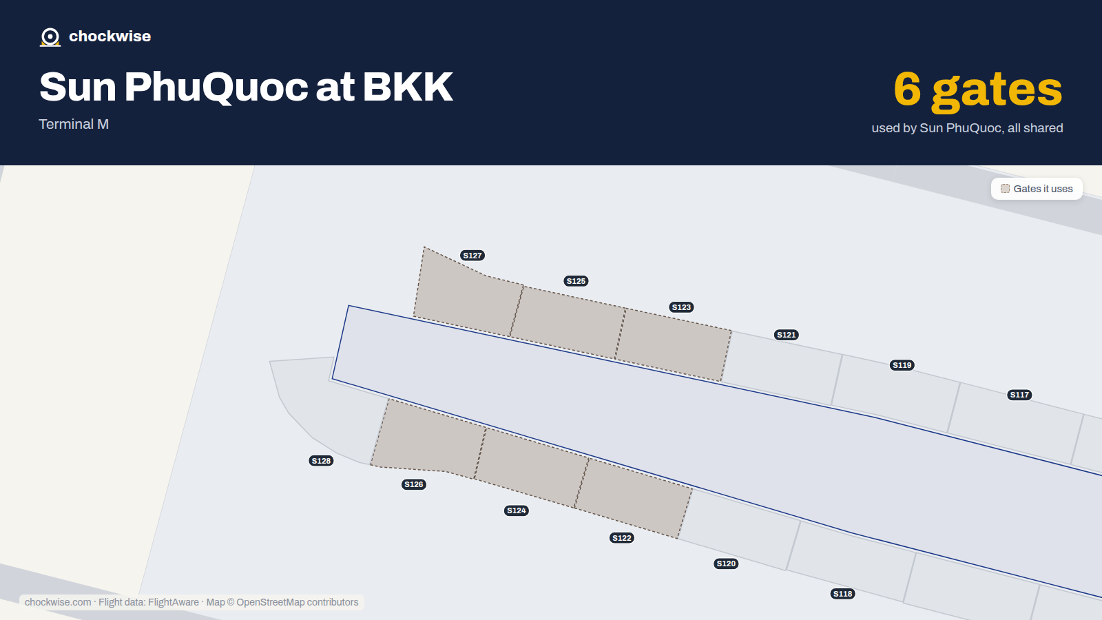 Map of BKK with the gates Sun PhuQuoc Airways uses highlighted: S122, S123, S124, S125, S126 and S127.