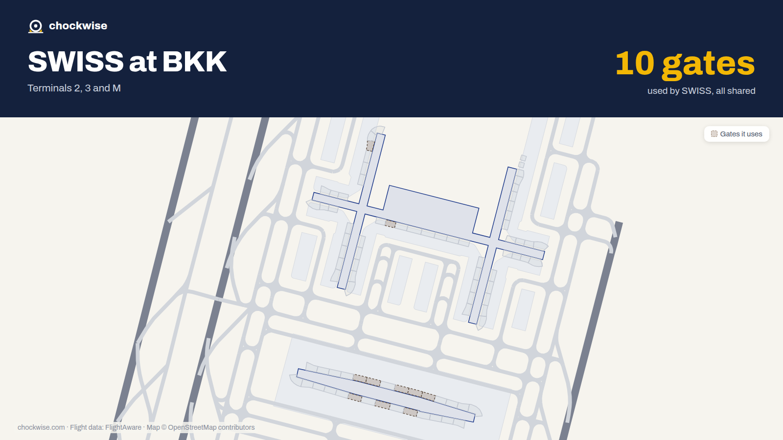Map of BKK with the gates SWISS uses highlighted: G4, D7, S109, S110, S111, S113, S114, S117 and 2 more.