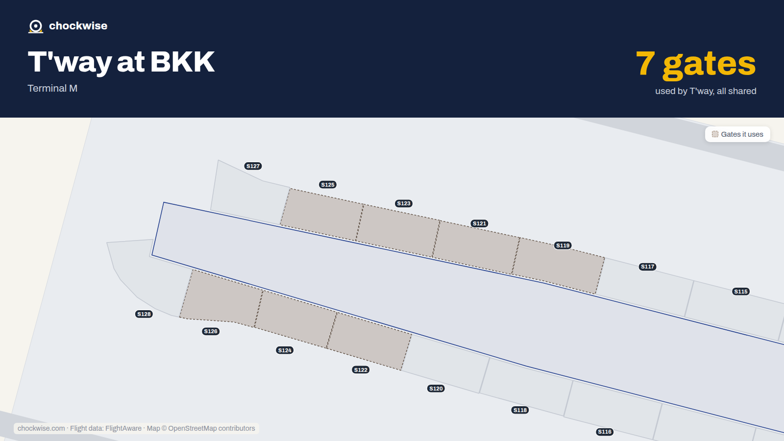 Map of BKK with the gates T'way Air uses highlighted: S119, S121, S122, S123, S124, S125 and S126.