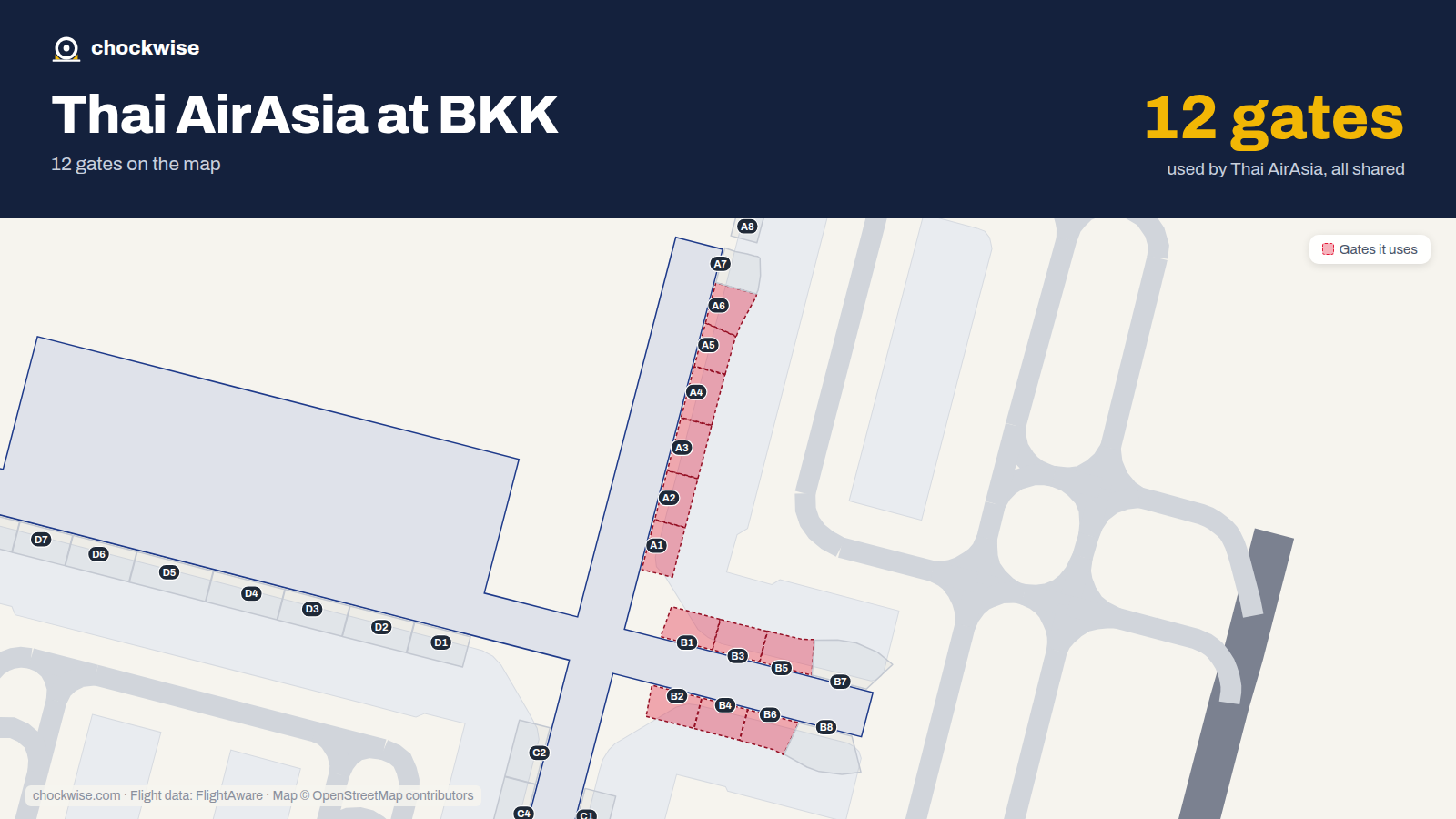 Map of BKK with the gates Thai AirAsia uses highlighted: A1, B1, A2, B2, A3, B3, A4, B4 and 4 more.