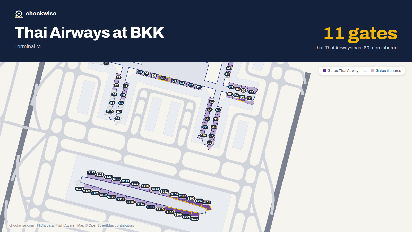 Map of BKK with the gates Thai Airways uses highlighted: D5, B6, S101, S102, S103, S104, S105, S106 and 3 more.