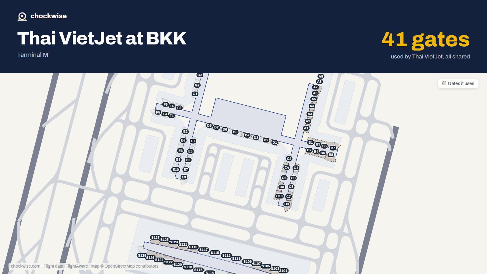 Map of BKK with the gates Thai VietJet Air uses highlighted: A1, B1, C1, D1, A2, B2, A3, B3 and 33 more.
