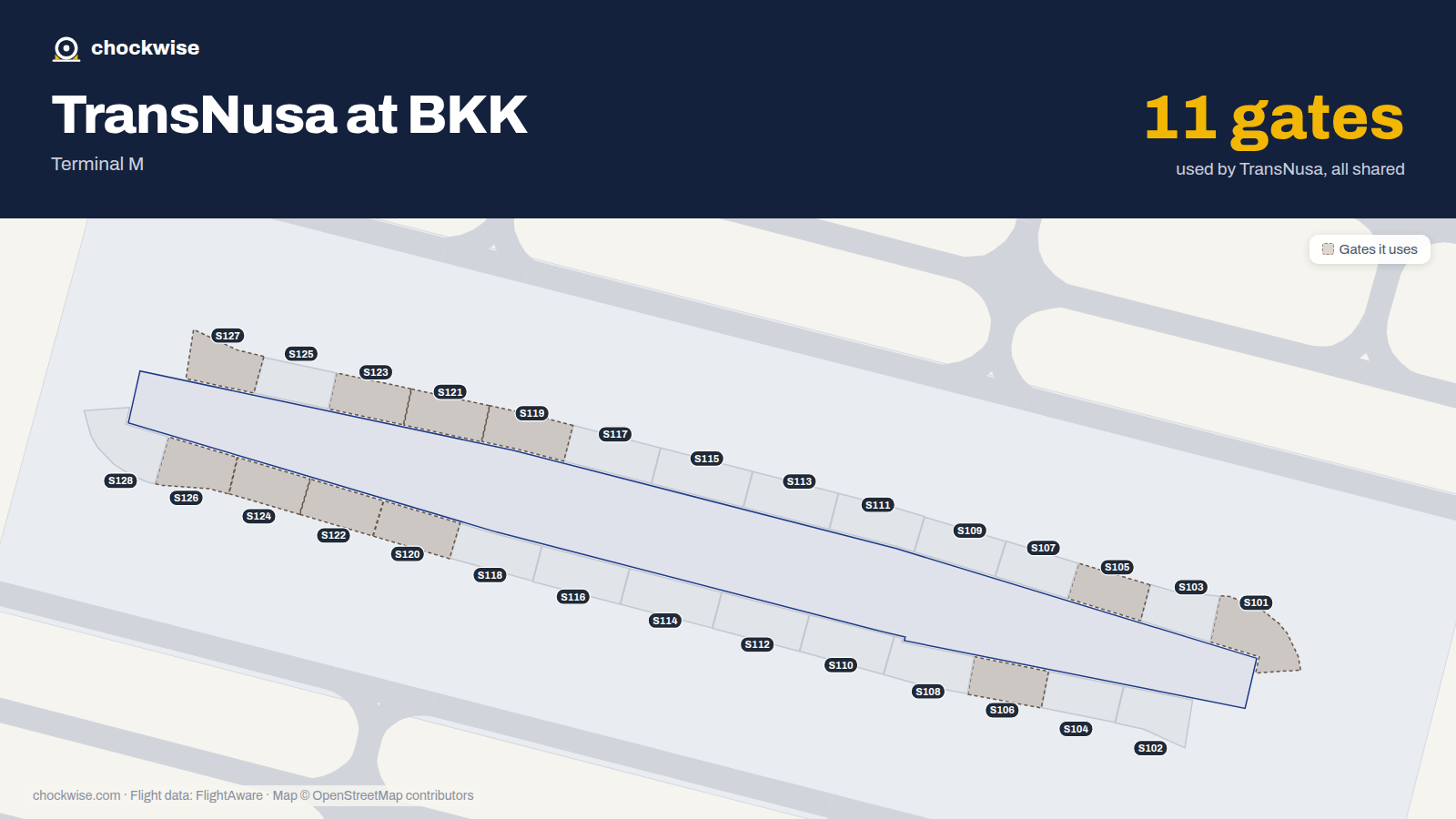 Map of BKK with the gates TransNusa uses highlighted: S101, S105, S106, S119, S120, S121, S122, S123 and 3 more.
