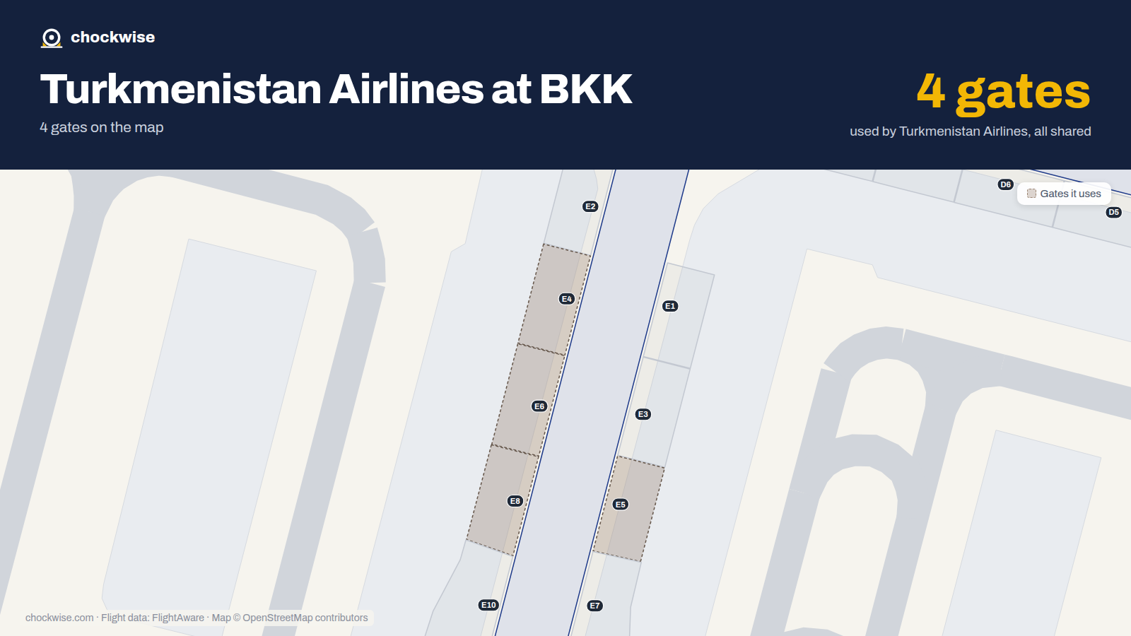 Map of BKK with the gates Turkmenistan Airlines uses highlighted: E4, E5, E6 and E8.