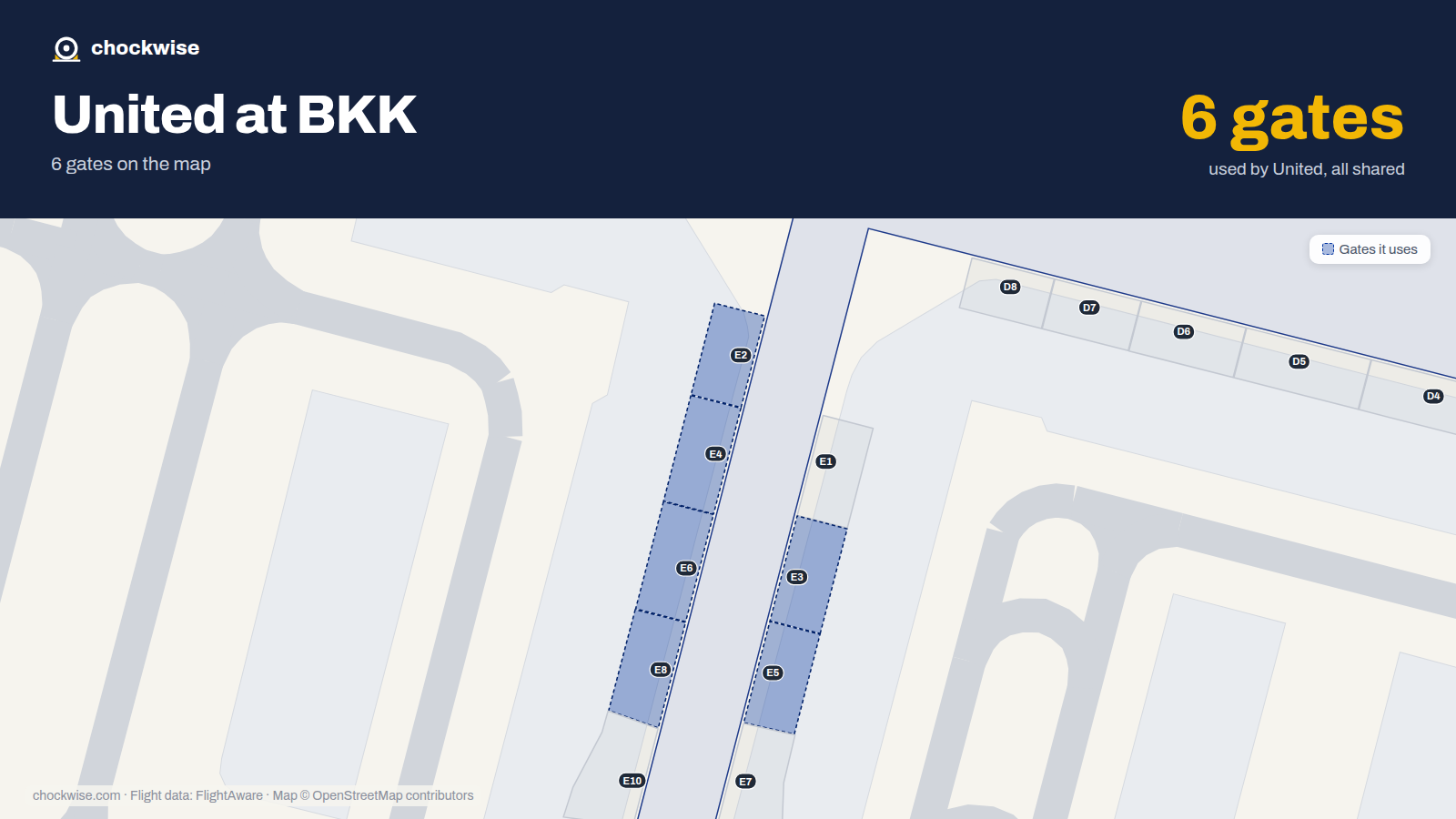 Map of BKK with the gates United Airlines uses highlighted: E2, E3, E4, E5, E6 and E8.